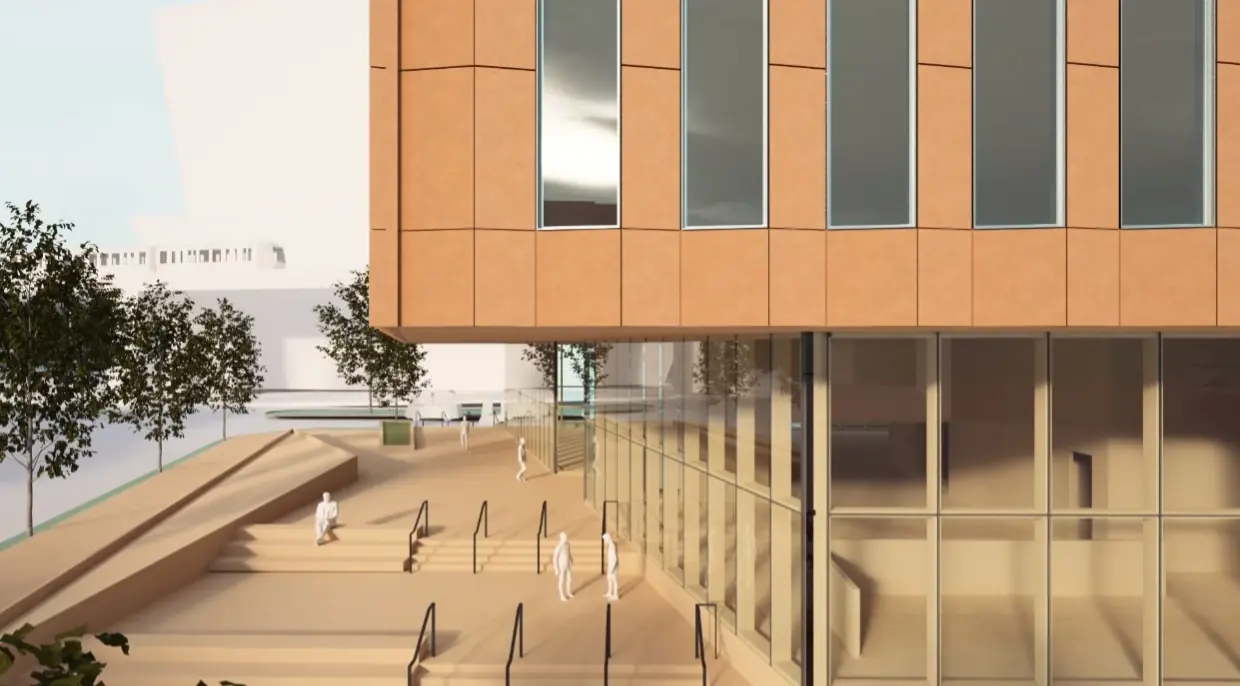 The Grid terracotta façade, glazed entrance and stepped plaza