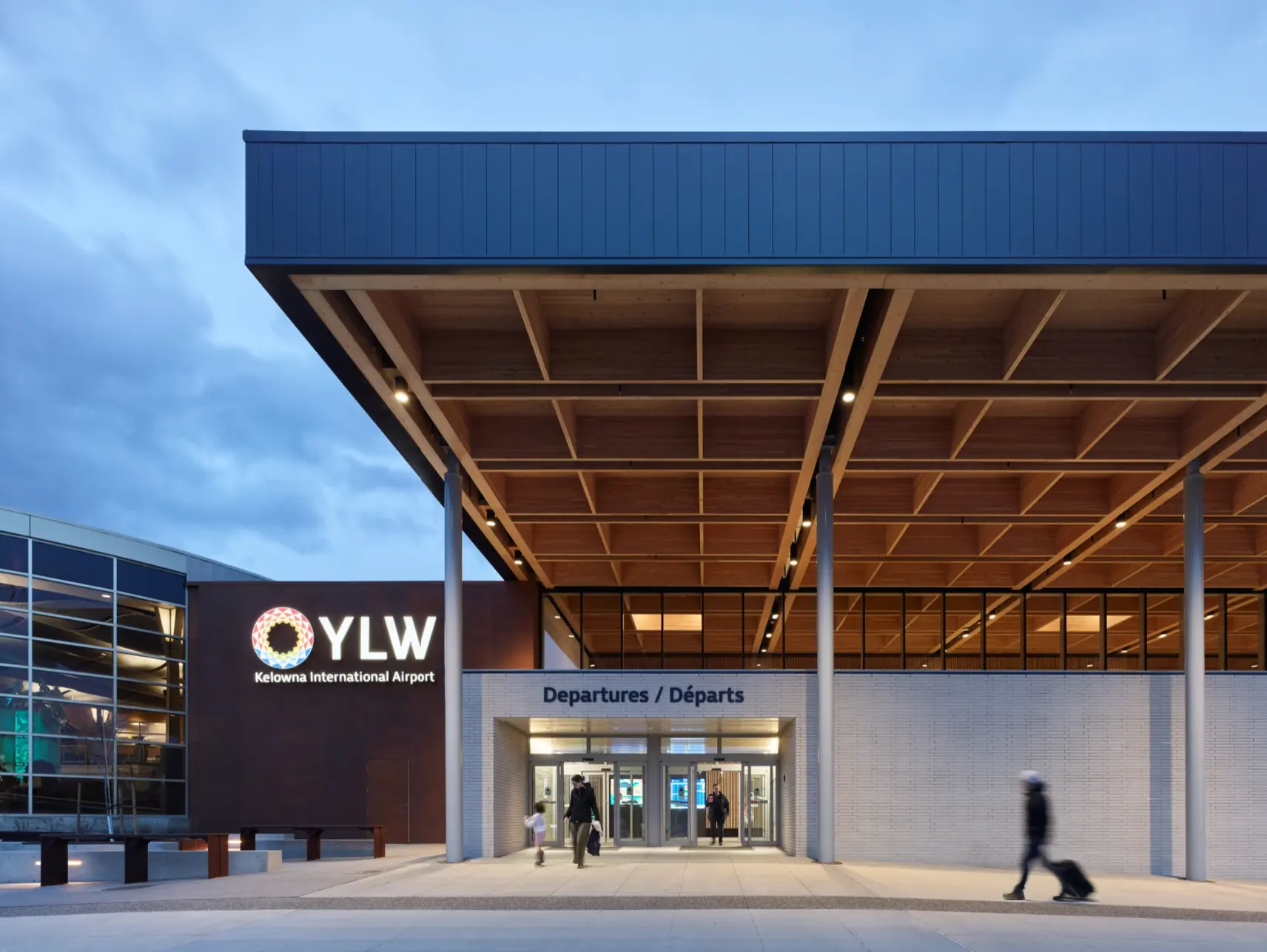 Kelowna terminal entrance, timber canopy and paved forecourt